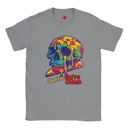 Gray t-shirt with a colorful skull design and text on a white background