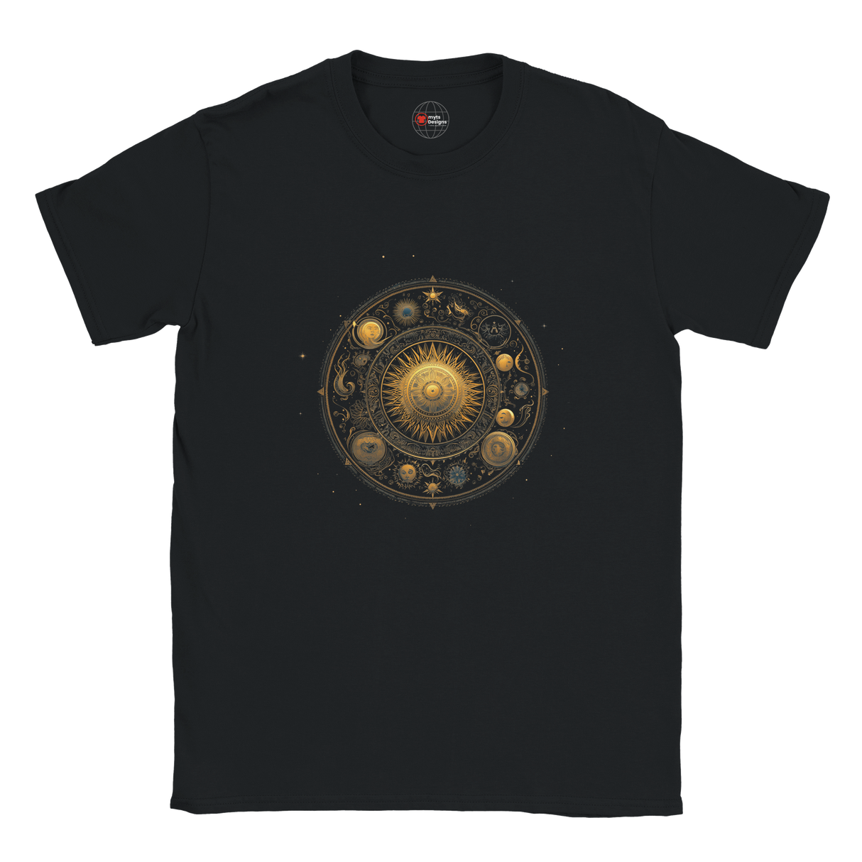 Black t-shirt with celestial design on a white background