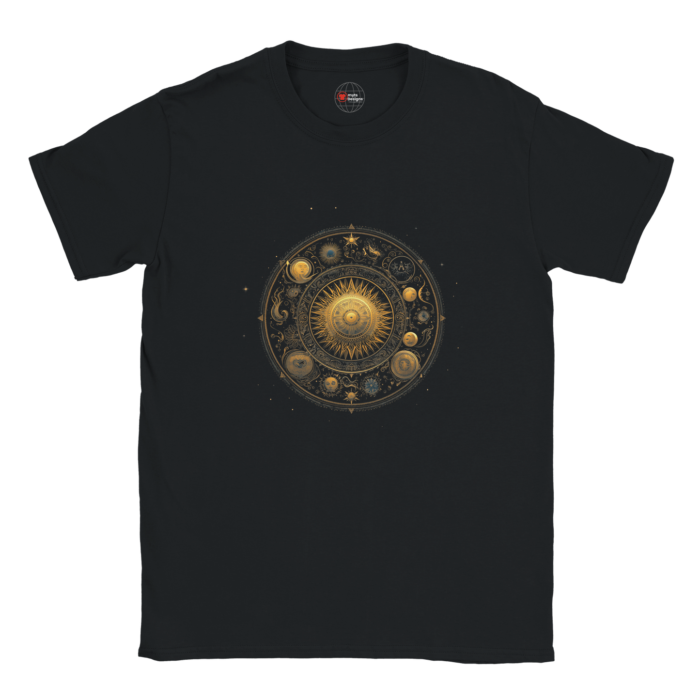 Black t-shirt with celestial design on a white background