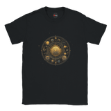 Black t-shirt with celestial design on a white background