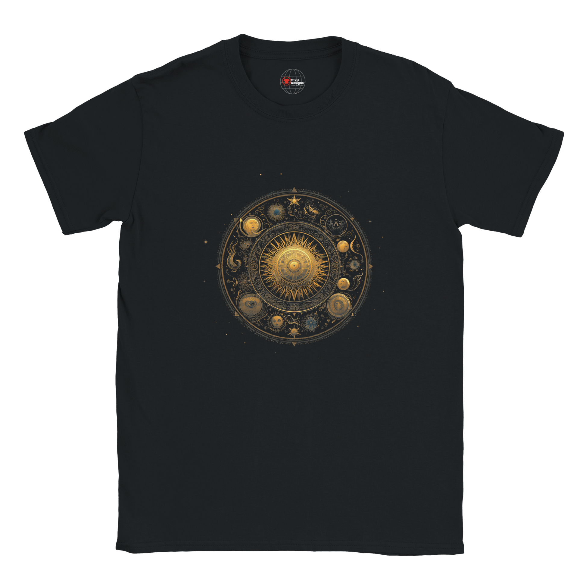 Black t-shirt with celestial design on a white background
