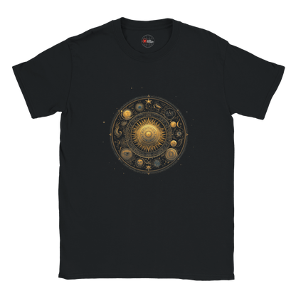 Black t-shirt with celestial design on a white background