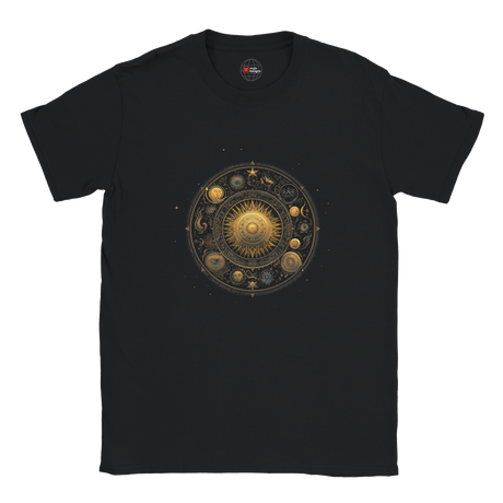 Black t-shirt with celestial design on a white background