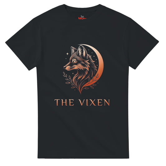 A black The Vixen Moon fox graphic T-shirt featuring a detailed celestial fox portrait, crescent moon, stars and botanical artwork.