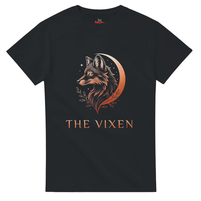 A black The Vixen Moon fox graphic T-shirt featuring a detailed celestial fox portrait, crescent moon, stars and botanical artwork.