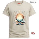 A Natural crewneck T-shirt with a colorful seashell and starfish graphic on the front, labeled 'Natural' in the top right corner.