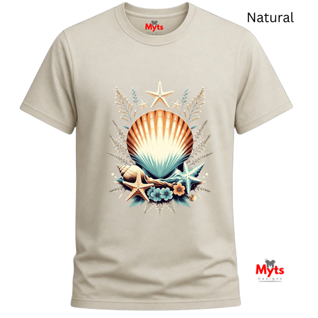 A Natural crewneck T-shirt with a colorful seashell and starfish graphic on the front, labeled 'Natural' in the top right corner.