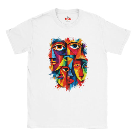 A white short-sleeve crewneck t-shirt featuring a colorful graphic print of stylized faces and eyes in a vibrant, multi-colored geometric pattern. The brand name 'The Myts' is visible on the inner neck label.