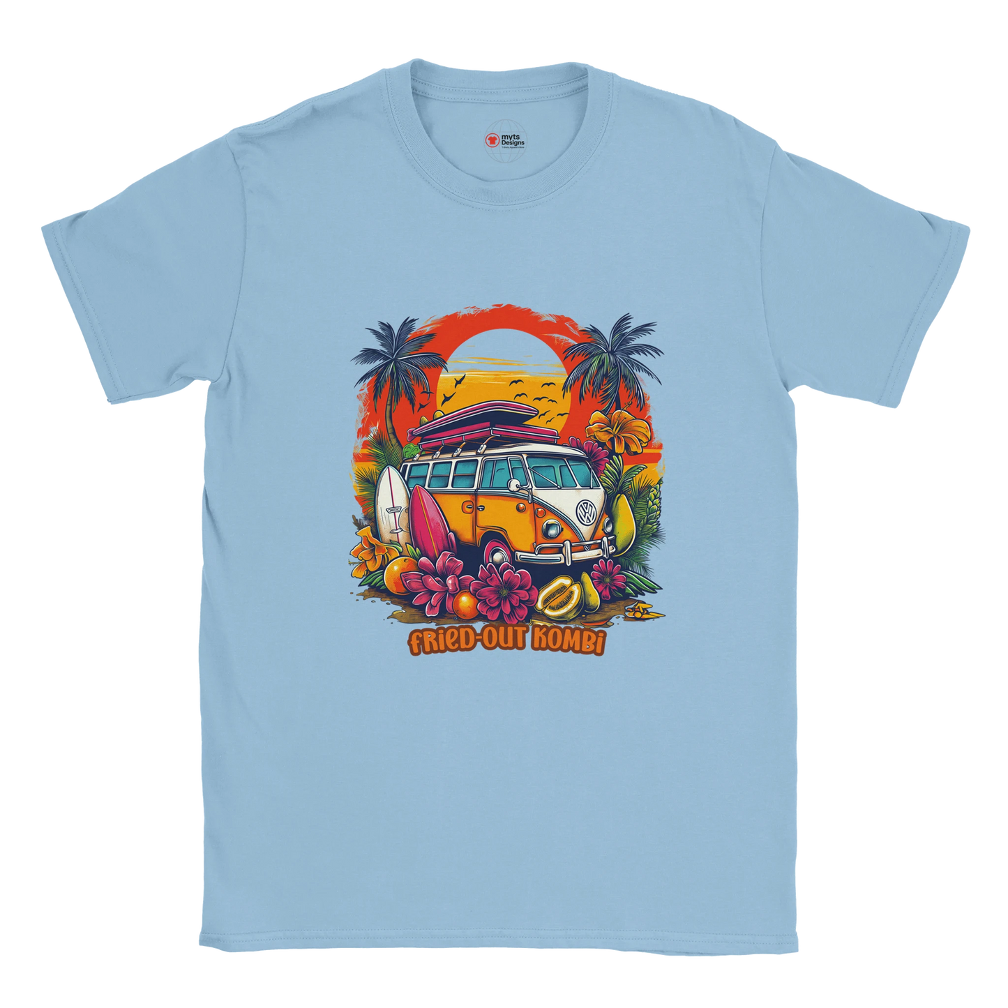 A light blue T-shirt with a vibrant graphic of a retro yellow Kombi van, surfboards, tropical flowers, palm trees, and a bold orange sunset.
