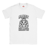 White unisex t-shirt featuring a muscular donkey graphic with “Sweet But I Will Headbutt You” slogan by MytsDesigns.