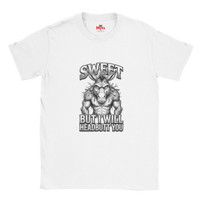 White unisex t-shirt featuring a muscular donkey graphic with “Sweet But I Will Headbutt You” slogan by MytsDesigns.
