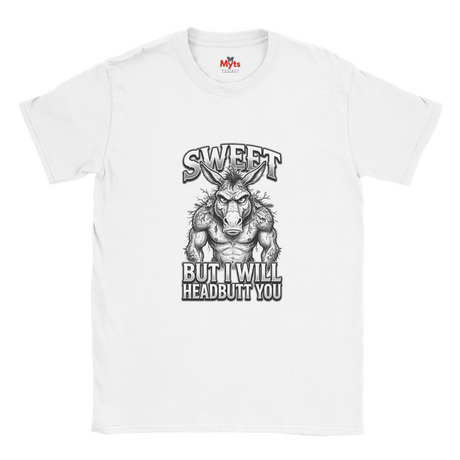White unisex t-shirt featuring a muscular donkey graphic with “Sweet But I Will Headbutt You” slogan by MytsDesigns.
