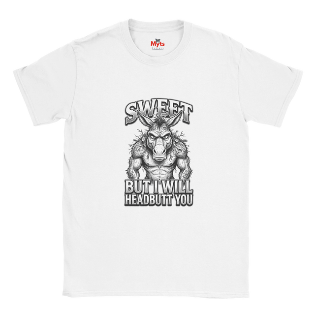White unisex t-shirt featuring a muscular donkey graphic with “Sweet But I Will Headbutt You” slogan by MytsDesigns.