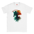 A white short-sleeve crewneck t-shirt featuring a colorful graphic of a wolf's head merging with a tree and sun, with the text 'NEW EVOLUTION' arched above. The inner collar label shows the brand 'Myts'.