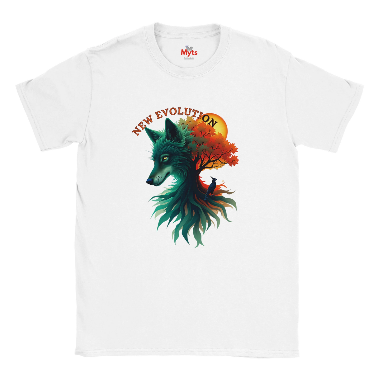 A white short-sleeve crewneck t-shirt featuring a colorful graphic of a wolf's head merging with a tree and sun, with the text 'NEW EVOLUTION' arched above. The inner collar label shows the brand 'Myts'.