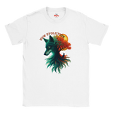 A white short-sleeve crewneck t-shirt featuring a colorful graphic of a wolf's head merging with a tree and sun, with the text 'NEW EVOLUTION' arched above. The inner collar label shows the brand 'Myts'.