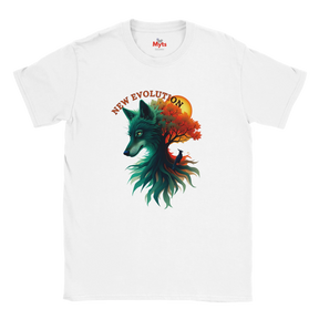 A white short-sleeve crewneck t-shirt featuring a colorful graphic of a wolf's head merging with a tree and sun, with the text 'NEW EVOLUTION' arched above. The inner collar label shows the brand 'Myts'.