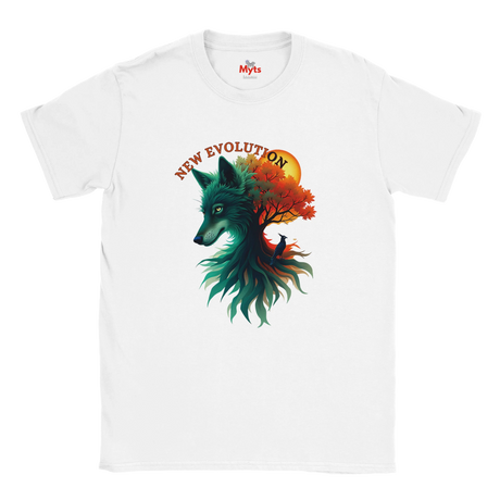 A white short-sleeve crewneck t-shirt featuring a colorful graphic of a wolf's head merging with a tree and sun, with the text 'NEW EVOLUTION' arched above. The inner collar label shows the brand 'Myts'.