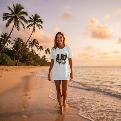 Woman walking on a beach with palm trees and a sunset in the background