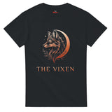 A black The Vixen Moon fox graphic T-shirt featuring a detailed celestial fox portrait, crescent moon, stars and botanical artwork.