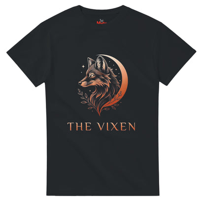 A black The Vixen Moon fox graphic T-shirt featuring a detailed celestial fox portrait, crescent moon, stars and botanical artwork.