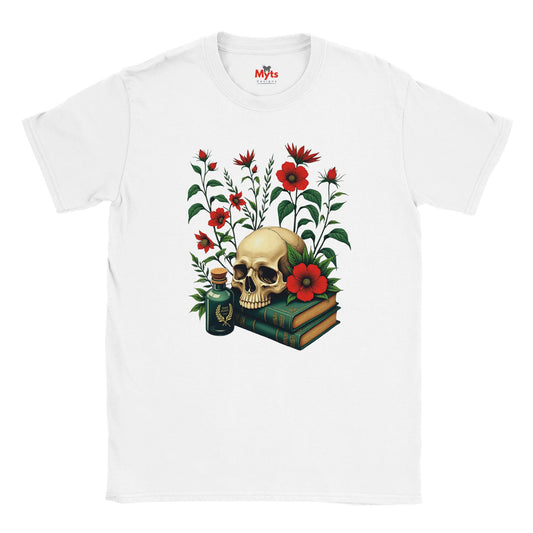 White t-shirt with a skull and floral design on a white background