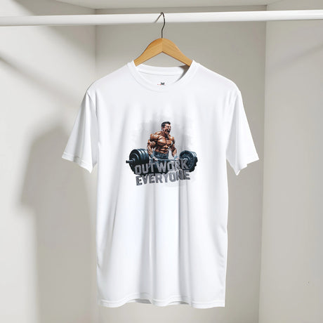 White t-shirt with a graphic of a muscular man lifting weights and text 'Outwork Everyone' on a hanger against a white wall.