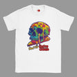 White t-shirt with a colorful skull design and text on a grey background