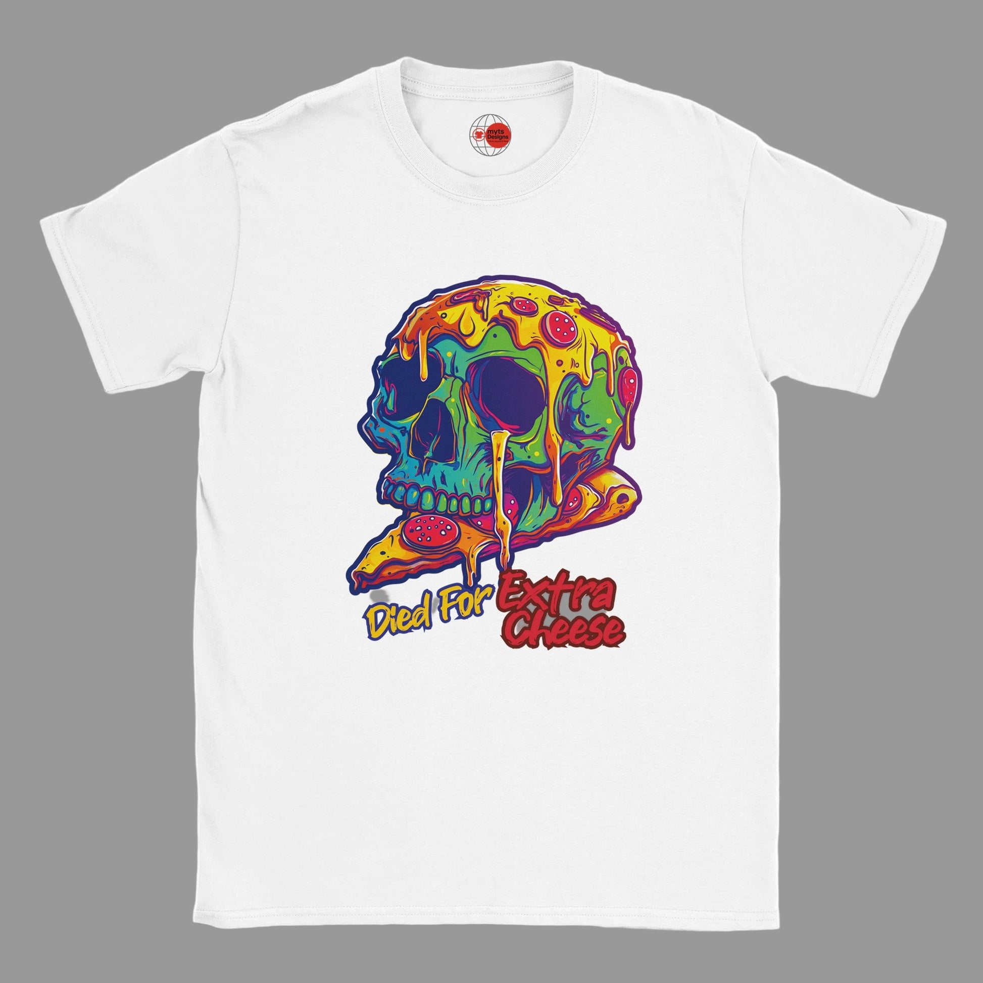 White t-shirt with a colorful skull design and text on a grey background
