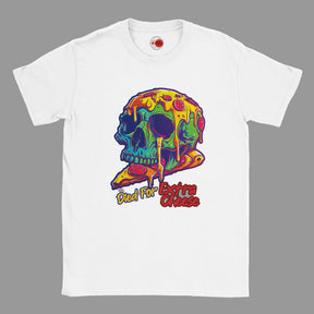 White t-shirt with a colorful skull design and text on a grey background