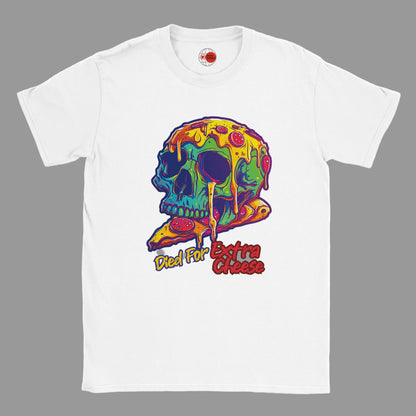 White t-shirt with a colorful skull design and text on a grey background
