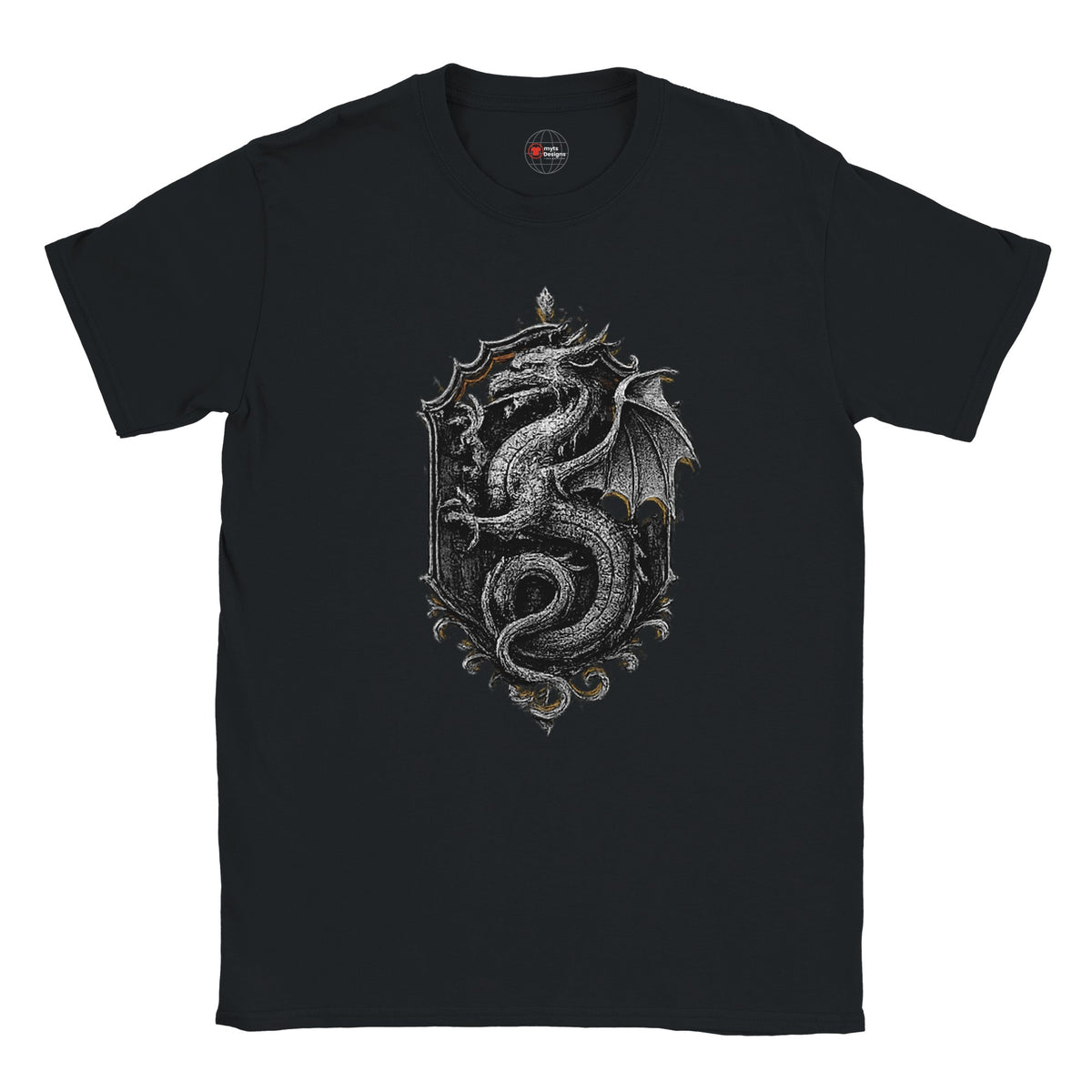 Black t-shirt with a silver dragon design on a white background