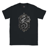 Black t-shirt with a silver dragon design on a white background