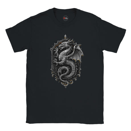 Black t-shirt with a silver dragon design on a white background