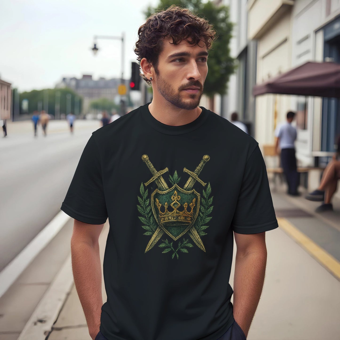 Man wearing a black T-shirt with an embroidered-style design of a green shield featuring a gold crown, flanked by crossed swords and laurel leaves—regal, medieval-inspired graphic centered on the chest.