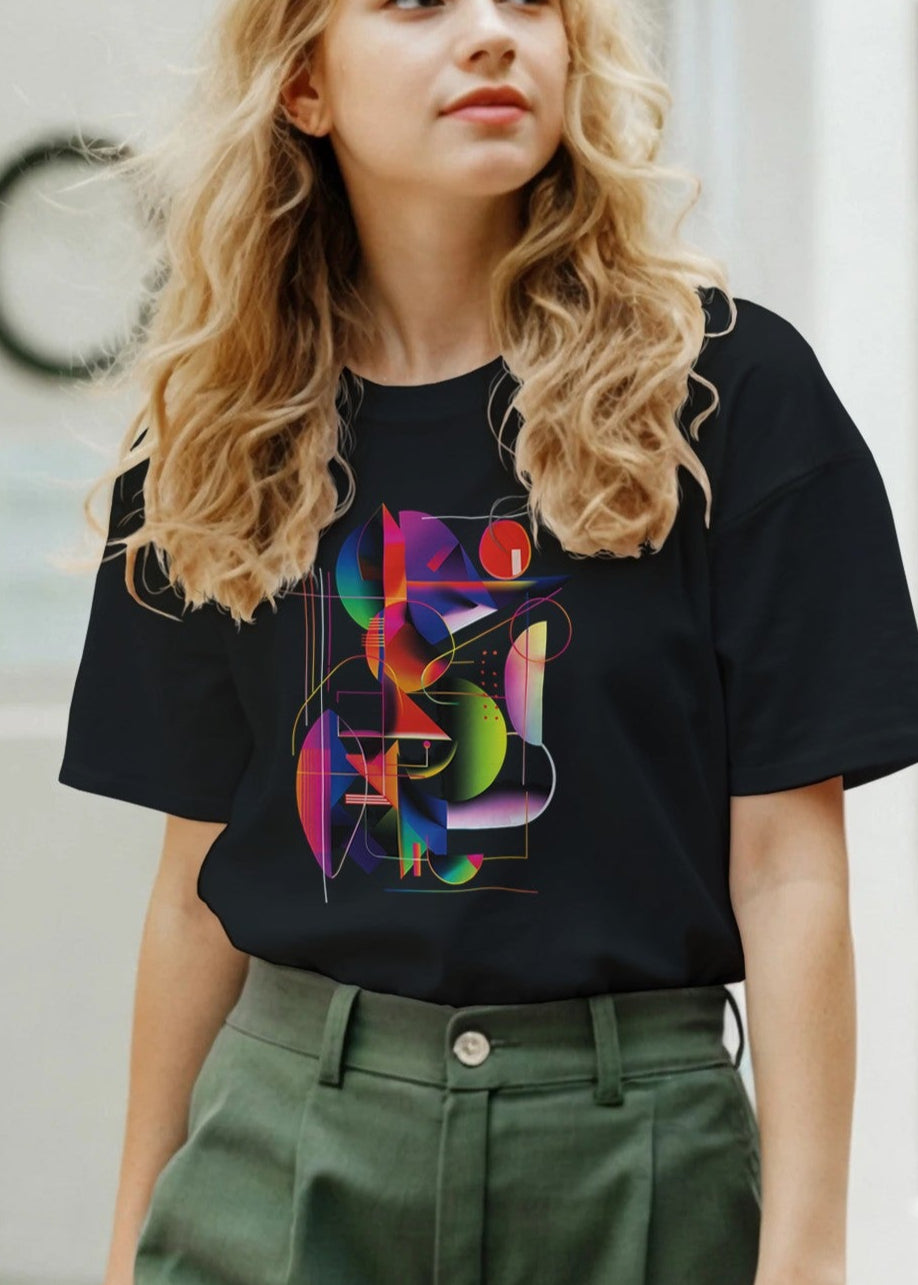 Woman wearing a black t-shirt with colorful design and green pants in an indoor setting