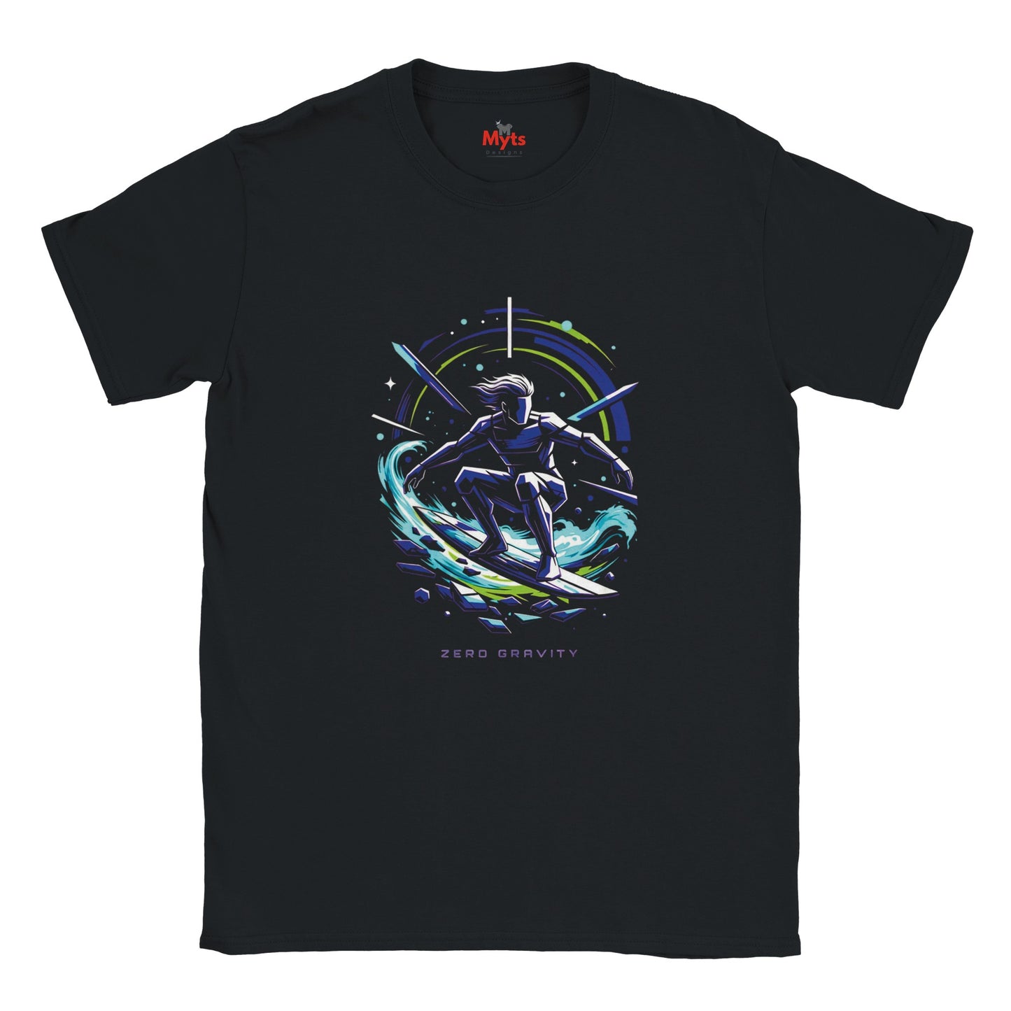 Black t-shirt with a space-themed graphic of a person surfing on a wave, branded 'Myts'.