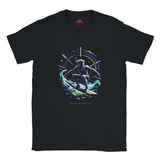 Black t-shirt with a space-themed graphic of a person surfing on a wave, branded 'Myts'.