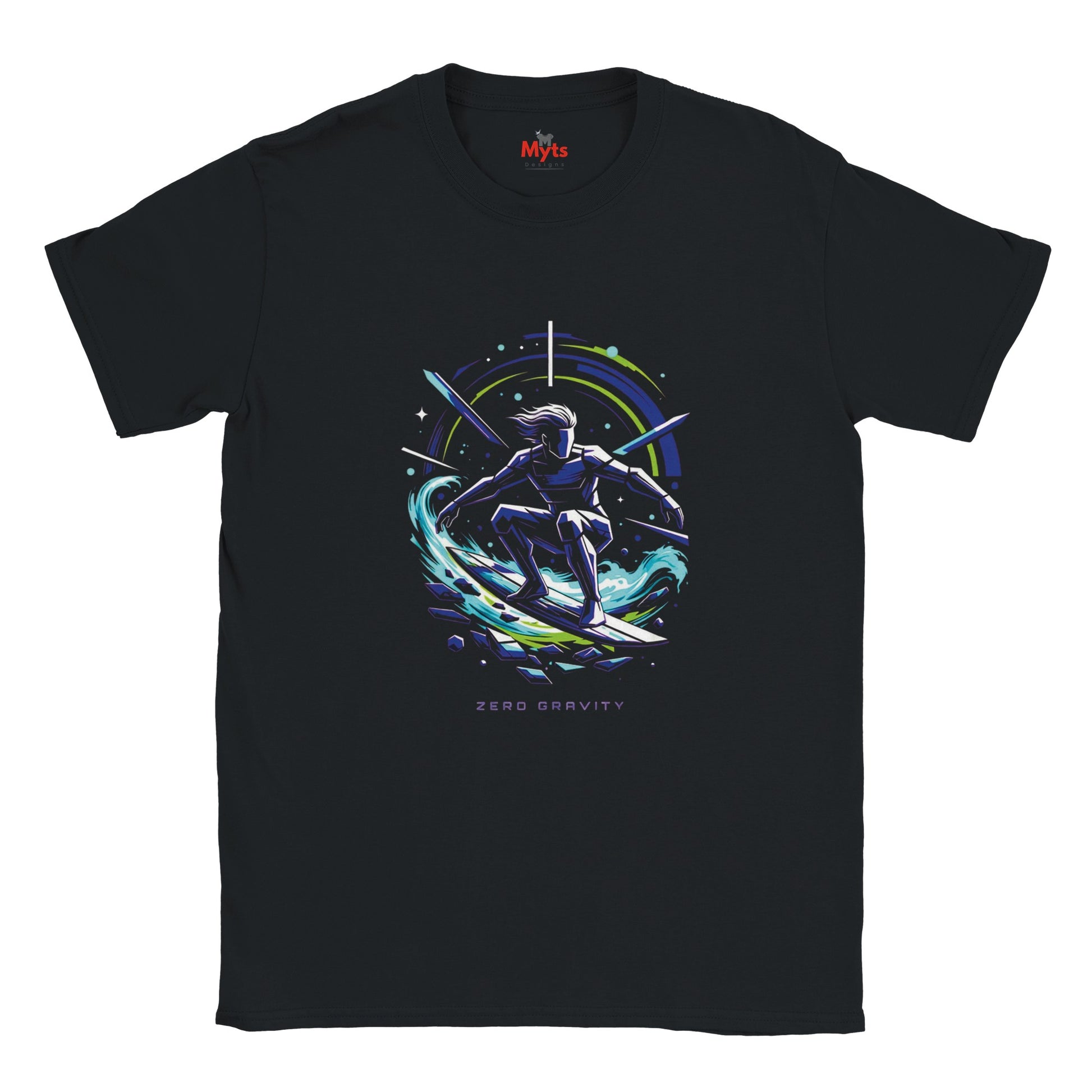 Black t-shirt with a space-themed graphic of a person surfing on a wave, branded 'Myts'.