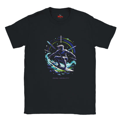 Black t-shirt with a space-themed graphic of a person surfing on a wave, branded 'Myts'.