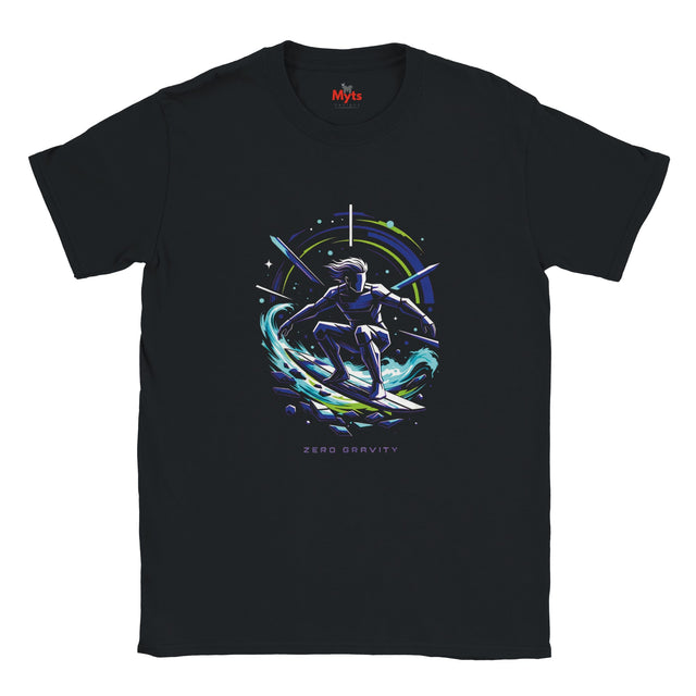 Black t-shirt with a space-themed graphic of a person surfing on a wave, branded 'Myts'.