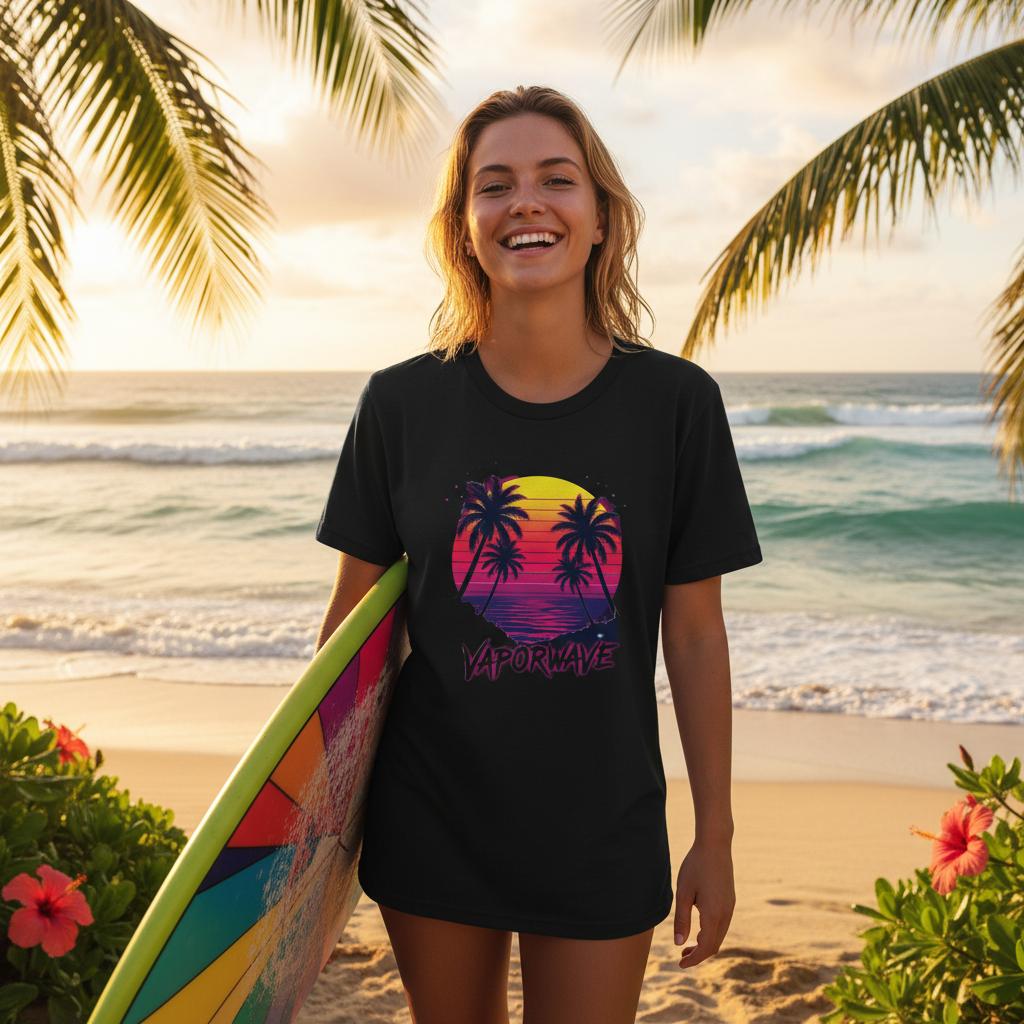 Woman holding a surfboard on a beach with palm trees and sunset in the background