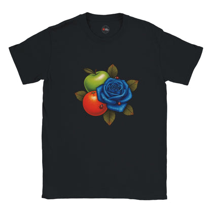 Black t-shirt with a colorful design of an apple, orange, and blue rose on a white background