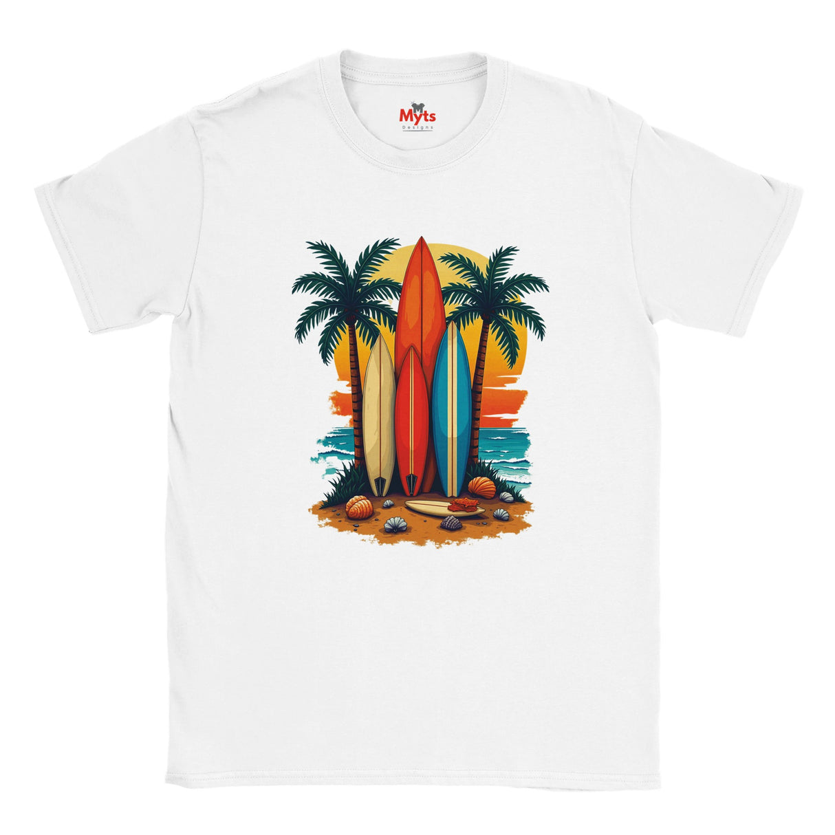 White t-shirt with a colorful graphic of surfboards and palm trees on a white background