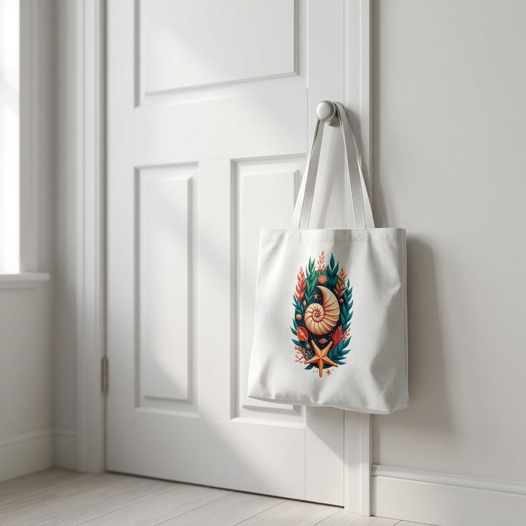 A white canvas tote bag with a colorful seashell and starfish graphic hangs from a white door in a bright, sunlit room.