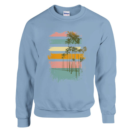 Light blue sweatshirt with a colorful palm tree design on a white background