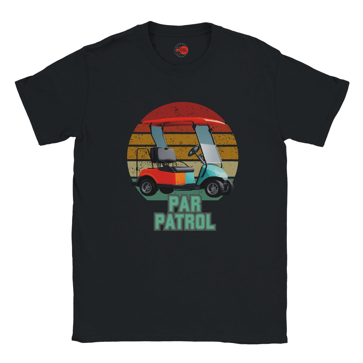 Black t-shirt with a colorful graphic of a golf cart and 'Par Patrol' text on a white background