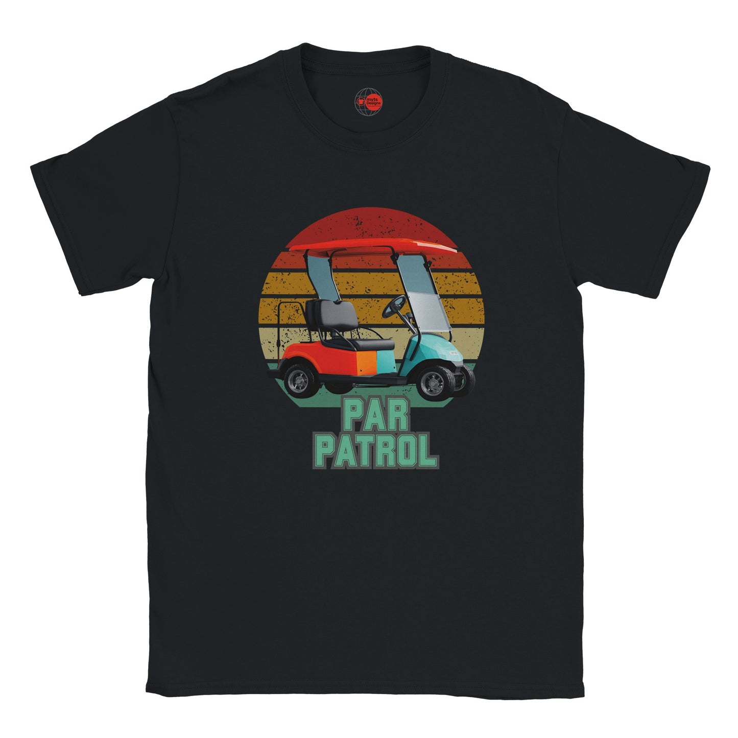 Black t-shirt with a colorful graphic of a golf cart and 'Par Patrol' text on a white background