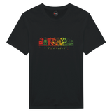 Black t-shirt with colorful graphic design on a white background