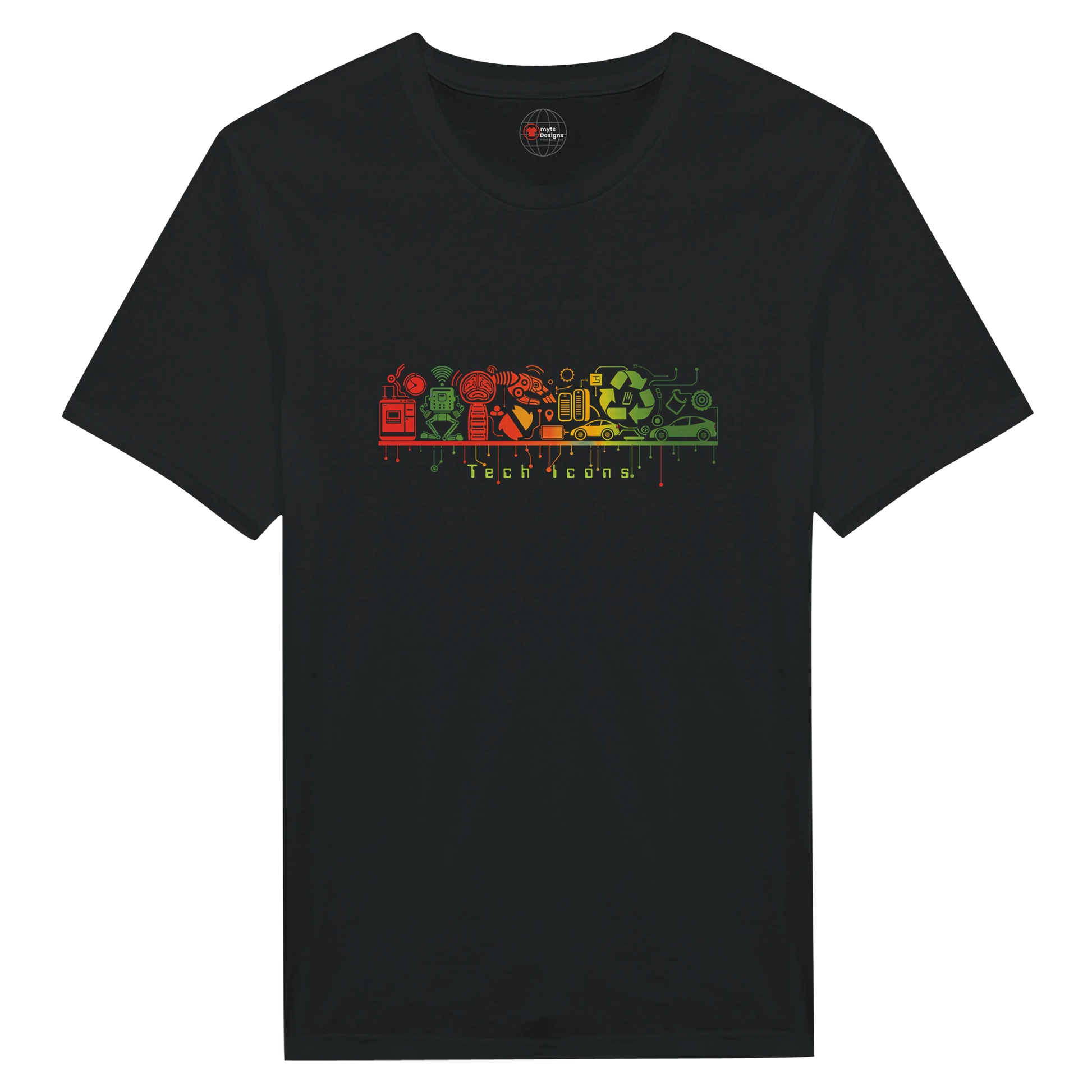 Black t-shirt with colorful graphic design on a white background